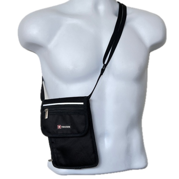 Tracker Passport Phone Travel Crossbody Bag Black Convenient Side Zipper Pocket - Picture 1 of 8